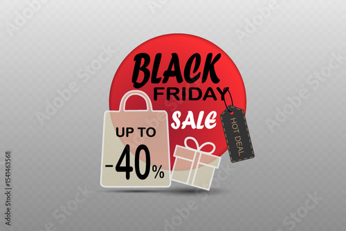Black Friday sale banner with shopping bag gift box and hot deal tag.