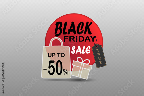 Black Friday sale banner with shopping bag gift box and hot deal tag.