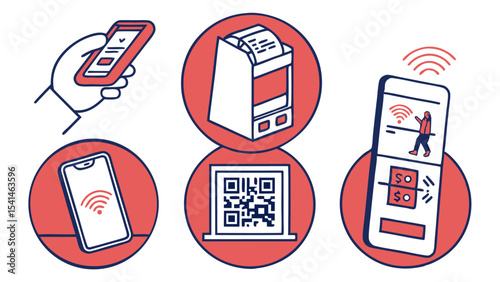 Illustration of digital payment methods including mobile phones and qr codes on red circles