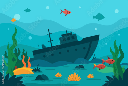 Sunken Shipwreck Underwater Scene with Colorful Fish and Seaweed