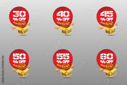 Red discount label with buy now message and open yellow box, on transparent background for promotion banners.