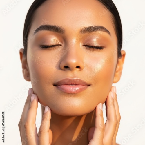 Close-up of a Latina model with luminous skin touching her jawline, bathed in golden-hour light. Subtle smile and gold shimmer evoke premium skincare and hygge calm. Studio shot on white background.