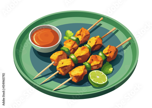 Chicken Skewers on Plate – Grilled Meat Kebab with Sauce and Lime