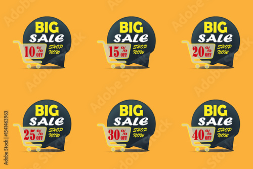 Big sale icons collection with shopping carts and discount labels.