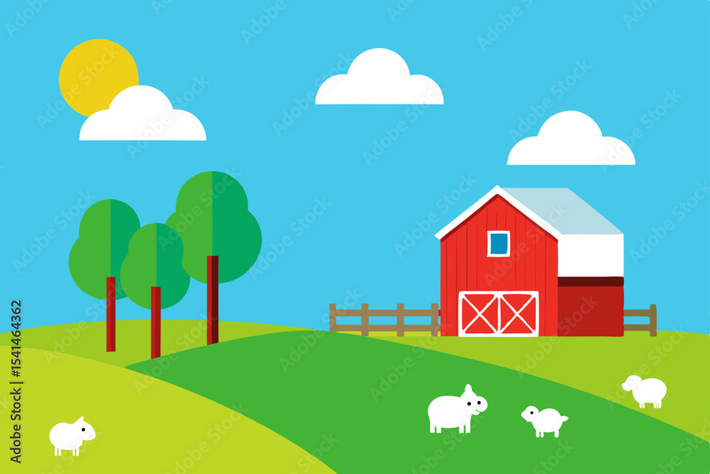 Naklejka premium Idyllic Farm Scene Red Barn, Green Hills, and Fluffy Sheep