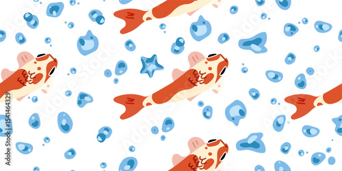 Seamless Cartoon Koi Fish Pattern. Seamless pattern with orange koi fish, blue water drops, bubbles and starfish. Flat cartoon style, top view, colorful elements on white background.
