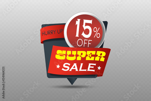 Super sale label with bright red ribbon and yellow text on dark background for special promotion