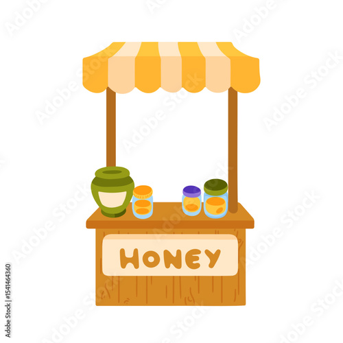 Cartoon Honey Market Stand Icon. Cartoon illustration of a wooden honey stand with striped canopy and jars of honey on the counter. Flat style, warm color palette, isolated on white background.