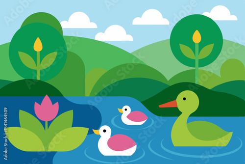 Serene Lakeside Scene Ducks and Blossoms in a Peaceful Landscape Illustration
