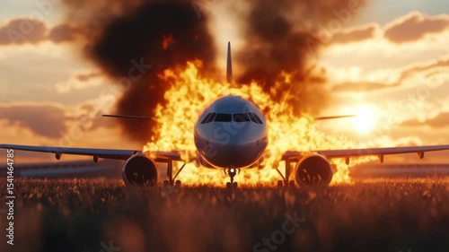 Airplane fire with large flames and thick black smoke at sunset creating dramatic emergency and danger scene behind aircraft on runway aviation disaster