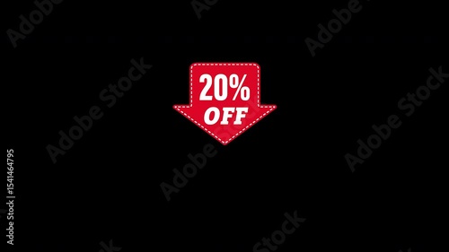 20 percent off. Arrow points to a product, item or service with a 20 percent discount. Animated banner for marketing and advertising