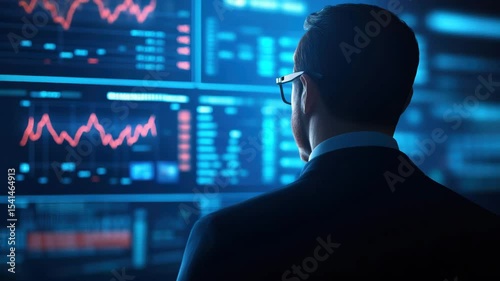 Analyzing stock market financial charts and graphs on digital screens in dark office environment focused on investment trends business growth data analysis technology office graph