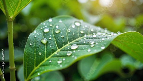 Lush green leaf covered with water droplets, close-up, for nature blogs, with copy space. Detailed close up shot of lush green leaf glistening with morning dew.