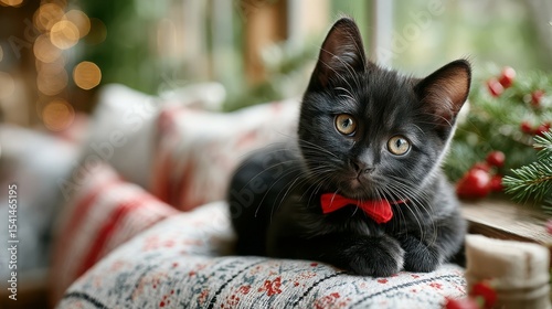 Friendly Black Cat with Red Bow Sitting Calmly