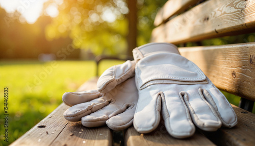 Pair of cricket gloves rests on a park bench in afternoon light with copy space. Cricket gloves are made of genuine leather and are placed on wooden bench.