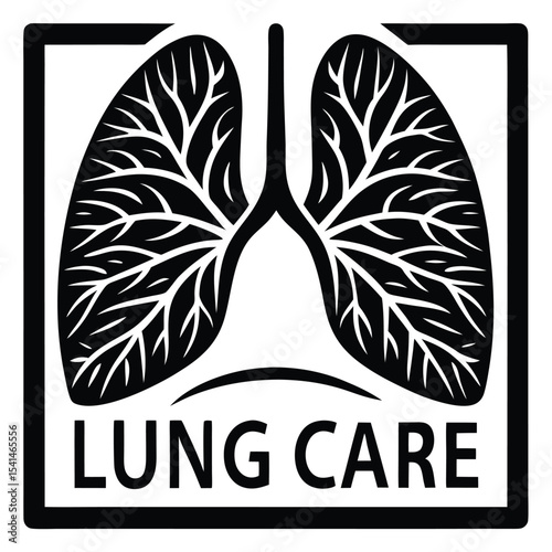 Black and white vector illustration of stylized lungs with the text lung care inside a square frame for medical and health related concepts