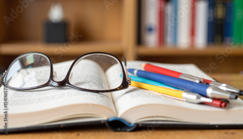 Open book with glasses and pencils for studying, with copy space.  Open book provides ample space for text or images.  This open book image is perfect for education, learning