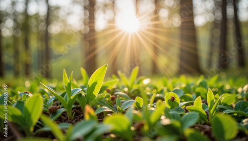 Forest floor with emerging sprouts and tick, illuminated by sunlight, for ecology blogs with copy space. Spring forest floor shows new sprouts and young tick illuminated by warm sunlight.