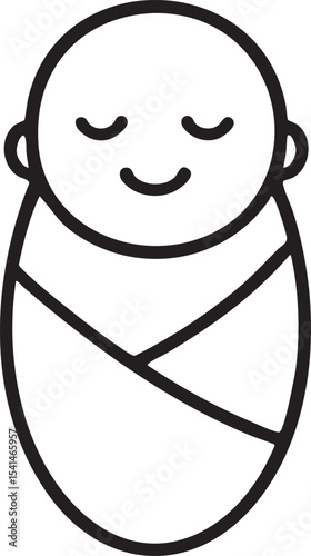 Minimalist Line Art Depicting a Swaddled Baby Sleeping Peacefully with a Gentle Smile on a White Background