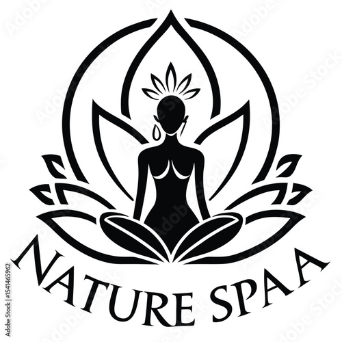 A minimalist black and white logo featuring a meditating figure in a lotus flower ideal for wellness practices and spa branding.