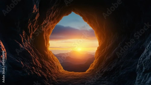 Sunset landscape from rocky cave opening with warm sunlight illuminating textured rock walls and distant mountain silhouette under colorful evening sky on horizon nature view
