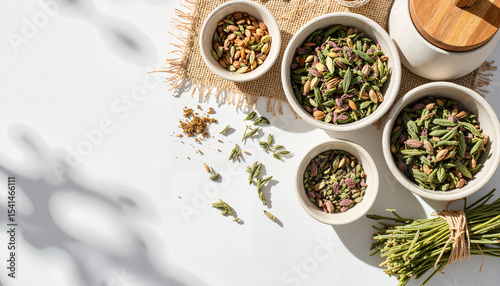 Cardamom pods in bowls with greens, top view, for culinary blogs, with copy space. Aromatic cardamom pods and fresh herbs in small white bowls.