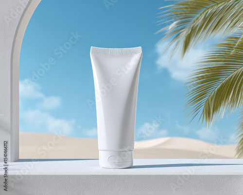 Sleek white tube of sunscreen gel is elegantly displayed against backdrop of clear blue sky and palm leaves, evoking sense of summer and relaxation
