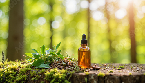Herbal extract and fresh herbs on mossy wood in forest.  Herbal extract bottle with dropper and green leaves on tree stump. Natural herbal extract concept for beauty product packaging