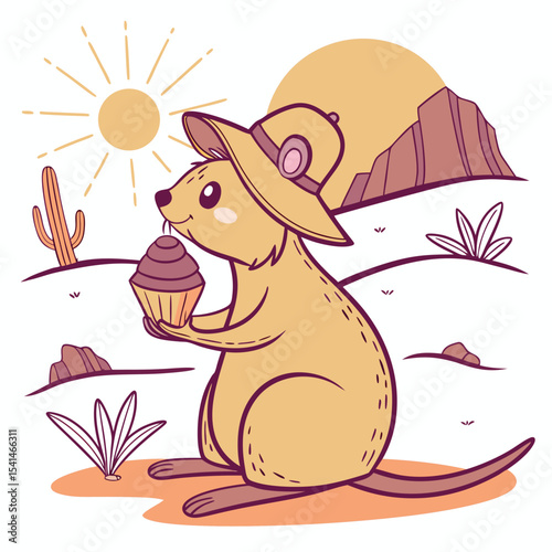 Vector illustration of a Relaxed Quokka with holding a cupcake, styled in a Desert sunset theme using Sundown Glow colors