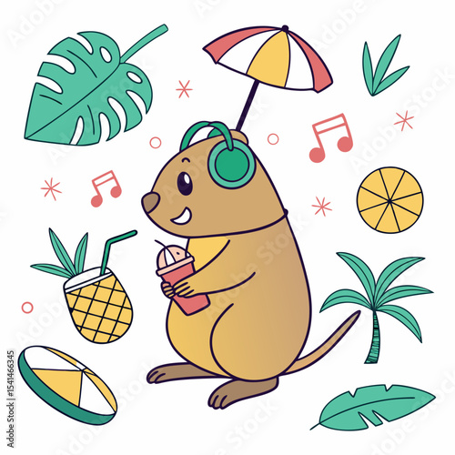 An adorable Quokka with a Playful vibe, wearing headphones, and a Tropical Vibes Tropical theme – SVG style