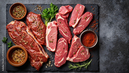 Various cuts of raw meat with herbs and spices on slate board, arranged in a flat lay, with copy space.  Premium cuts of beef, lamb, and pork displayed with aromatic herbs and vibrant spices.