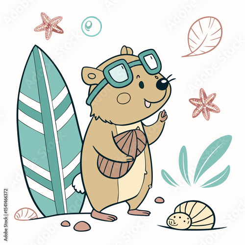 Charming SVG of a Cheerful Quokka featuring wearing glasses, styled in a Under the Sea theme with Ocean Dreams hues