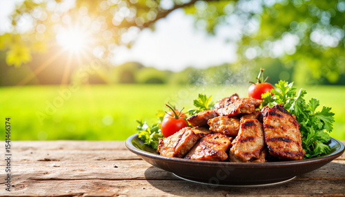 Grilled meat with vegetables on wooden table against sunny meadow background with copy space. Juicy grilled meat and fresh vegetables served outdoors on rustic wooden surface.