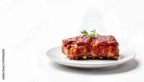 Smoked rib on a plate against white background with copy space. Juicy smoked rib, glistening with savory glaze, rests on simple plate.  Smoked rib enhances food blog or restaurant menu.