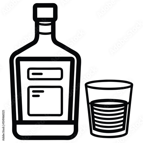 Simple outlined vector illustration of a bottle of liquor and a glass of whiskey or other spirit for drinking