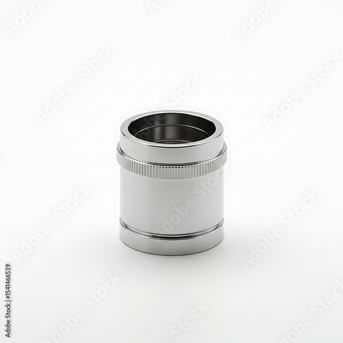 A Detailed Closeup of a Chrome Metal Cylinder with Knurled Ring, Isolated on White Background