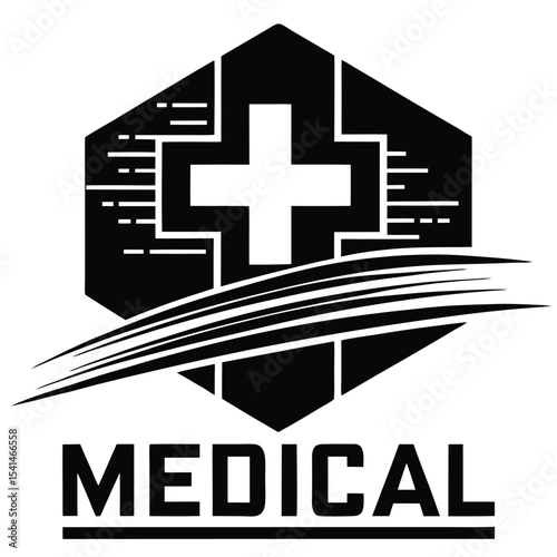 Modern black and white medical symbol with geometric design and the word medical emphasizing healthcare services