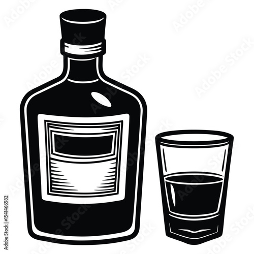 Vector illustration of a classic bottle and shot glass filled with an alcoholic beverage for cocktail concepts