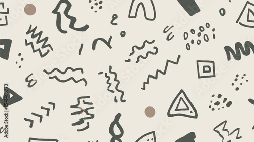 Abstract shapes scatter dynamically across a plain backdrop creating pattern artistic