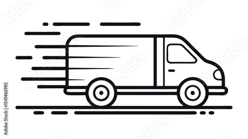 Black Line Art Vector Icons of Fast Delivery Truck or Van on White Background