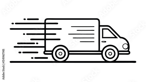 Black Line Art Vector Icons of Fast Delivery Truck or Van on White Background