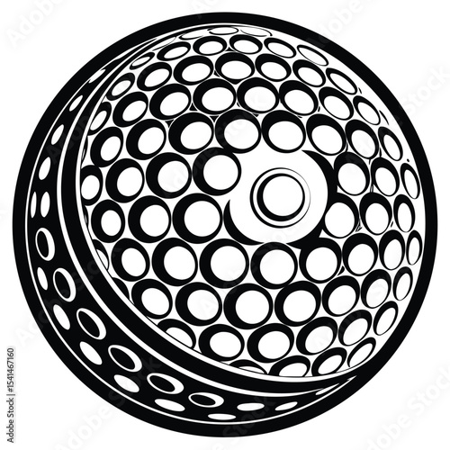 A bold black and white graphic illustration of a golf ball with stylized dimples and intricate design features