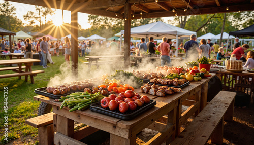 Outdoor barbecue buffet with various grilled meats and vegetables, summertime festival