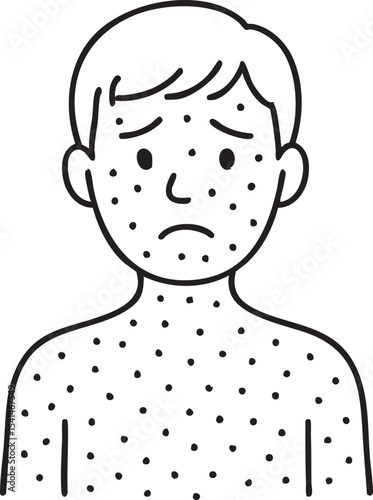 Line Art Illustration of a Person with a Skin Rash Feeling Unwell and Uncomfortable Due to Illness