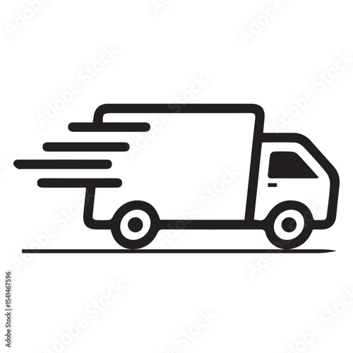 Black Line Art Vector Icons of Fast Delivery Truck or Van on White Background