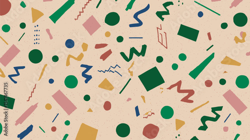 Colorful shapes scatter across speckled background creating dynamic pattern design