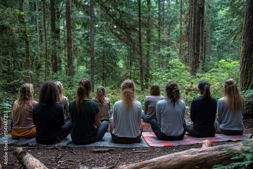 A group of women meditate together in a lush green forest setting. Perfect for wellness blogs, outdoor retreats, and mental health campaigns.