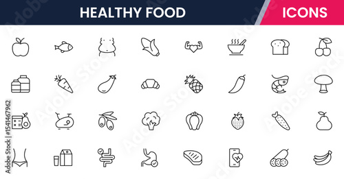 Vector illustration web line icon collection for healthy food: fruits, vegetables, grains, and nutritious meals in a vibrant, modern style.