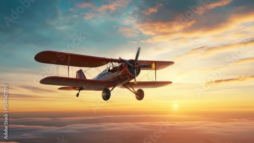 Vintage biplane aircraft flying above clouds at sunset with warm light and dramatic sky, propeller spinning in open sky, capturing nostalgic aviation adventure and serene flying moments