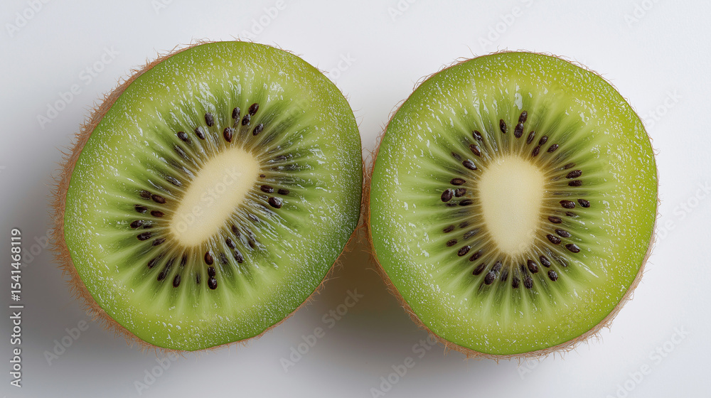 Fototapeta premium Fresh kiwi halves with vibrant green flesh and black seeds, showcasing nature's juicy perfection.
